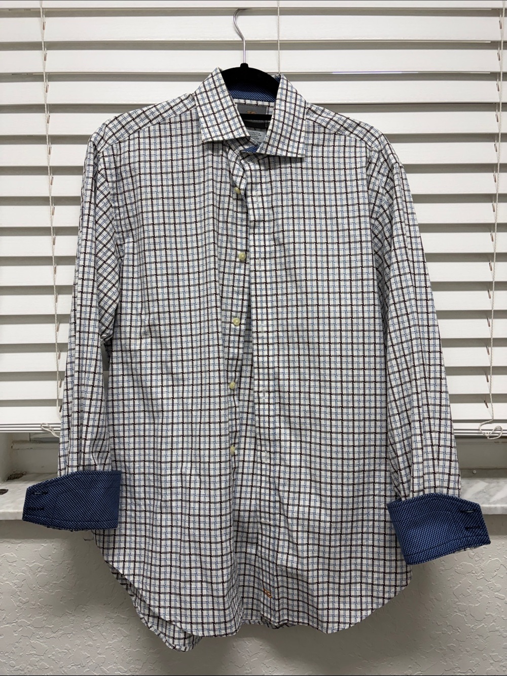 Thomas Dean White Shirt with Blue and Brown Check and Navy Contrast Cuffs
